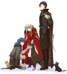  1boy 2girls arms_behind_back belt black_hair blue_eyes blue_hair byleth_(fire_emblem) byleth_eisner_(female) cape cat closed_mouth collar dog edelgard_von_hresvelg fake_horns fire_emblem fire_emblem:_three_houses from_side gloves headpiece high_heels horns hubert_von_vestra long_sleeves multiple_girls one_knee pantyhose robaco short_hair simple_background violet_eyes white_background white_gloves white_hair 