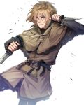  1boy absurdres blonde_hair cchrisgalantee dual_wielding fighting_stance highres holding holding_weapon knife short_hair thorfinn tunic viking vinland_saga weapon yellow_eyes 