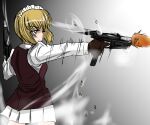  1girl absurdres bangs bartender black_gloves blonde_hair blunt_bangs bob_cut brown_vest closed_mouth commentary cutlass_(girls_und_panzer) dress_shirt dual_wielding eyebrows_visible_through_hair firing frown girls_und_panzer gloves grey_background gun highres holding long_sleeves looking_to_the_side machine_pistol maid_headdress miniskirt moesenyukikaze motion_blur pleated_skirt pm-63_rak school_uniform shell_casing shirt short_hair skirt smoke solo standing vest weapon white_shirt white_skirt yellow_eyes 