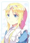  1girl absurdres alice_zuberg apron bangs blonde_hair blue_eyes blue_shirt closed_mouth eyebrows_visible_through_hair hairband highres long_hair shiny shiny_hair shirt sketch smile solo sword_art_online upper_body white_apron white_hairband yamei 