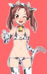  1girl 2021 ;d animal_ears animal_print bangs bikini blush bottle breasts brown_eyes brown_hair commentary_request cow_ears cow_horns cow_print cow_tail cowboy_shot dated ear_tag elbow_gloves fake_animal_ears fake_horns girls_und_panzer gloves groin half_gloves hand_on_hip holding holding_bottle holding_tail horns kadotani_anzu long_hair looking_at_viewer lowleg lowleg_bikini milk_bottle monolith_(suibou_souko) new_year o-ring o-ring_bikini one_eye_closed open_mouth parted_bangs print_bikini print_gloves print_legwear red_background side-tie_bikini simple_background small_breasts smile solo standing swimsuit tail thigh-highs twintails white_bikini white_gloves white_legwear 