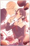 1boy 1girl bangs black_hair blonde_hair blue_eyes blurry_foreground blush border box candy chocolate chocolate_heart collarbone commentary_request dress eye_contact eyebrows_visible_through_hair folded_ponytail food from_side hair_ribbon heart hetero highres holding jacket juugonichi_(wheeliex2) kaguya-sama_wa_kokurasetai_~tensai-tachi_no_renai_zunousen~ long_sleeves looking_at_another neck_ribbon open_mouth parted_bangs parted_lips red_eyes red_ribbon ribbon sailor_dress school_uniform shinomiya_kaguya shirogane_miyuki short_hair shuuchiin_academy_uniform valentine white_border