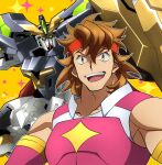  1boy brown_hair collarbone green_eyes gundam gundam_aegis_knight gundam_build_divers gundam_build_divers_re:rise headband holding holding_shield mecha mobile_suit muscular muscular_male open_mouth red_headband science_fiction shield takesake torimachi_kazami v-fin v-shaped_eyebrows yellow_eyes 