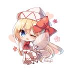  1girl ;d artist_name black_footwear blonde_hair blue_eyes bow bowtie capelet chibi dress eyebrows_visible_through_hair fairy_wings floating floral_background full_body hat hat_bow heart highres lily_white long_hair long_sleeves one_eye_closed open_mouth pudding_(skymint_028) red_bow red_neckwear simple_background smile solo touhou very_long_hair white_background white_capelet white_dress white_headwear wings 