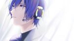  1boy blue_eyes blue_hair commentary from_side headphones headset kaito looking_away male_focus nokuhashi parted_lips portrait solo sunlight vocaloid 