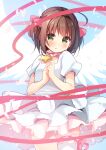  1girl :o ahoge bangs blush brown_hair copyright_request dress eyebrows_visible_through_hair feathered_wings green_eyes hair_ribbon hanamiya_natsuka hands_up layered_dress looking_at_viewer parted_lips pink_ribbon pleated_dress puffy_short_sleeves puffy_sleeves ribbon short_sleeves solo star_(symbol) two_side_up white_dress white_wings wings 