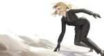  1girl ahoge artoria_pendragon_(all) black_gloves black_jacket black_neckwear black_suit blonde_hair dust fate/zero fate_(series) formal from_side gloves green_eyes heleif highres jacket necktie ponytail saber sliding solo solo_focus suit 