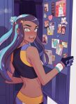  1girl bike_shorts black_hair blue_eyes blue_eyeshadow blue_hair blush chatea dark_skin dark-skinned_female dynamax_band embarrassed eyelashes eyeshadow gloves gym_leader hair_bun highres locker long_hair looking_to_the_side makeup multicolored_hair nessa_(pokemon) open_mouth partially_fingerless_gloves photo_(object) pokemon pokemon_(game) pokemon_swsh solo symbol_commentary tearing_up teeth tongue two-tone_hair 