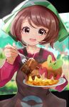  1girl applin apron bangs blush bob_cut brown_apron brown_eyes brown_hair chocolate collarbone commentary_request eyebrows_visible_through_hair eyelashes fingernails fork gen_8_pokemon gloria_(pokemon) green_headwear hand_up head_tilt highres holding holding_fork incoming_food long_sleeves looking_at_viewer open_mouth outline pokemon pokemon_(game) pokemon_swsh short_hair smile teeth tongue umiru 