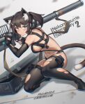  &gt;:) 1girl absurdres animal_ear_fluff animal_ears artist_name bare_shoulders bilibili_xiaolu black_footwear black_gloves blue_eyes blush boots breasts cat_ears cat_girl cat_tail chromatic_aberration closed_mouth fim-92_stinger gloves gun hair_ornament hairclip highres holding holding_gun holding_weapon long_hair medium_breasts navel one_knee original revealing_clothes rocket_launcher short_ponytail sideboob smile solo tail thigh-highs thigh_boots v-shaped_eyebrows weapon weapon_case 