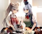  2girls :d :o alternate_hairstyle apron bangs blue_choker blue_dress blue_headwear blurry blurry_background book bow breasts chocolate choker cooking crossed_bangs dress earrings eyebrows_visible_through_hair fujiwara_no_mokou green_apron hair_between_eyes hair_bow hat high_ponytail highres hiiro60 holding holding_spatula indoors jewelry kamishirasawa_keine light_blue_hair light_blush long_hair looking_at_another medium_breasts multiple_girls open_book open_mouth pants pinafore_dress pointing puffy_short_sleeves puffy_sleeves red_apron red_eyes red_neckwear red_pants shirt short_sleeves silver_hair smile spatula star_(symbol) star_print steam striped touhou upper_body vertical_stripes white_bow white_shirt 