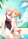  2girls alternate_hairstyle artist_name asymmetrical_docking bangs beach bikini bikini_pull black_swimsuit blunt_bangs blush breast_press clouds eyebrows_visible_through_hair hololive hololive_english long_hair minxei mori_calliope mountain multiple_girls one-piece_swimsuit open_mouth orange_bikini orange_hair parted_lips pink_eyes pink_hair ponytail reward_available sand sky swimsuit takanashi_kiara tied_hair violet_eyes virtual_youtuber yuri 