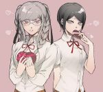  2girls arm_behind_back bangs black_hair black_ribbon blush box braid breasts brown_skirt collared_shirt commentary_request dangan_ronpa:_trigger_happy_havoc dangan_ronpa_(series) dangan_ronpa_2:_goodbye_despair dress_shirt gift glasses grey_eyes grey_hair hair_ribbon hand_up hands_up heart holding ikusaba_mukuro long_hair long_sleeves looking_at_viewer multiple_girls neck_ribbon pekoyama_peko pink_background red_eyes red_ribbon ribbon school_uniform shiny shiny_hair shirt short_hair skirt suzumetarou translation_request twin_braids twintails upper_body valentine white_shirt 