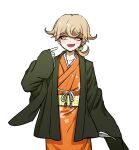  1boy :d bangs blonde_hair blush_stickers bow brown_eyes collarbone dangan_ronpa_(series) dangan_ronpa_2:_goodbye_despair eyebrows_visible_through_hair flipped_hair genderswap genderswap_(ftm) green_bow hair_bow hair_ornament hand_up haori highres jacket japanese_clothes kimono long_sleeves male_focus medium_hair no_(xpxz7347) obi open_mouth orange_eyes pointing pointing_at_self saionji_hiyoko sash simple_background smile solo white_background wide_sleeves 