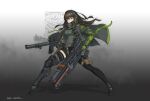  1girl absurdres artist_name assault_rifle bangs black_footwear black_gloves black_legwear breasts brown_hair dual_wielding exoskeleton eyebrows_visible_through_hair full_body girls_frontline gloves green_hair green_jacket gun hair_between_eyes headphones highres holding holding_gun holding_weapon jacket long_hair m4a1_(girls_frontline) marksanwel open_clothes open_jacket orange_eyes rifle scarf solo thigh-highs weapon 