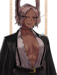  1girl abs absurdres alternate_hairstyle animal_ears belt belt_buckle black_jacket blush boku_no_hero_academia breasts breasts_apart buckle buttons collarbone collared_shirt dark_skin dark-skinned_female ear_piercing eyelashes gud0c highres jacket looking_at_viewer mirko no_bra open_clothes open_shirt piercing rabbit_ears red_eyes shirt silver_hair slit_pupils smile solo tongue tongue_out wing_collar 