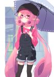  1girl absurdres bag bespectacled black_legwear closed_mouth commentary contemporary eyebrows_visible_through_hair glasses handbag highres holding holding_umbrella light_frown long_hair long_sleeves looking_to_the_side low_twintails neneka_(princess_connect!) off_shoulder overall_shorts pink_hair pink_shirt pointy_ears princess_connect! princess_connect!_re:dive print_shirt red-framed_eyewear semi-rimless_eyewear shirt solo standing sw_(taco) thigh-highs twintails umbrella under-rim_eyewear very_long_hair 