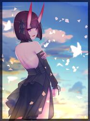  1girl absurdres ass back bangs bare_shoulders black_dress blue_sky bob_cut breasts bug butterfly dress eyeliner fate/grand_order fate_(series) hair_ribbon highres horns insect long_hair long_sleeves looking_at_viewer makeup oni oni_horns open_mouth parted_lips purple_hair ribbon sawarineko short_hair shuten_douji_(fate) skin-covered_horns sky small_breasts smile thighs violet_eyes 