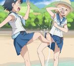  2girls :d beach black_hair blue_sailor_collar blue_skirt blush brown_eyes brown_hair fang haruyama_kazunori hodaka_natsumi houkago_teibou_nisshi looking_at_another multiple_girls open_mouth outdoors panties pink_panties playing sailor_collar sand shirt short_hair short_sleeves skirt smile standing tsurugi_hina underwear water white_headwear white_shirt 