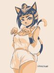  1girl :3 animal_crossing animal_ears ankha_(animal_crossing) artist_name ashleyloob bangs blue_eyes blue_hair blunt_bangs bob_cut breasts bright_pupils cat_ears cat_girl cat_tail clenched_hands closed_mouth covered_nipples cowboy_shot dress egyptian english_commentary eyebrows furry hair_ornament highres looking_at_viewer paw_pose short_dress short_hair signature simple_background smile snake_hair_ornament solo striped_tail tail thick_eyebrows twitter_username usekh_collar 