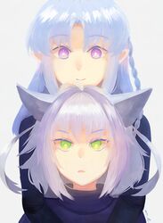  2girls ahoge animal_ears atalanta_(alter)_(fate) atalanta_(fate) black_shirt blue_hair caster dear_friend_(fate/grand_order) fate/grand_order fate_(series) green_eyes grey_background grey_hair highres hug hug_from_behind long_hair multiple_girls pointy_ears shirt short_hair simple_background smile sweater tsuruori_minato turtleneck turtleneck_sweater violet_eyes 