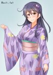  1girl ahoge alternate_costume anti_(untea9) black_hair blue_background brown_eyes commentary_request cowboy_shot floral_print gradient gradient_background highres japanese_clothes kantai_collection kimono long_hair looking_at_viewer purple_kimono solo standing twitter_username ushio_(kancolle) yagasuri 