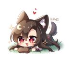  +_+ 1girl animal_ears artist_name blush brown_hair chibi commentary_request dress eyebrows_visible_through_hair eyes_visible_through_hair fang food full_body heart highres imaizumi_kagerou long_sleeves lying meat on_stomach pudding_(skymint_028) red_eyes skin_fang solo sparkle tail touhou wide_sleeves wolf_ears wolf_girl wolf_tail 