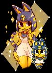  2girls :3 animal_crossing animal_ears ankha_(animal_crossing) bangs black_eyes blonde_hair blunt_bangs blunt_ends blush body_fur breasts cat_ears cat_girl cat_tail colored_skin commentary cropped_legs dress egyptian egyptian_clothes eyeliner groin hair_ornament hand_up highres looking_up makeup multicolored_hair multiple_girls rariatto_(ganguri) short_hair simple_background snake_hair_ornament standing streaked_hair striped_tail tail two-tone_hair usekh_collar violet_eyes white_dress yellow_fur yellow_skin 