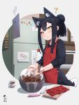  1girl ? animal_ear_fluff animal_ears apple bangs black_shirt blush chocolate closed_mouth commentary_request eyebrows_visible_through_hair food fox_ears fox_girl fox_tail fruit green_eyes hair_between_eyes hair_bun highres holding kuro_kosyou long_hair long_sleeves looking_away mixing_bowl original ponytail red_apple refrigerator shirt sidelocks solo tablet_pc tail valentine yui_(kuro_kosyou) 