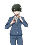  1boy bangs blue_jacket blue_pants chabashira_tenko choker closed_mouth cowboy_shot dangan_ronpa_(series) dangan_ronpa_v3:_killing_harmony double-breasted eyebrows_visible_through_hair formal genderswap genderswap_(ftm) green_eyes grey_background hair_ornament hands_up highres jacket long_sleeves looking_at_viewer male_focus mole mole_under_mouth necktie no_(xpxz7347) pants pink_choker shirt short_hair simple_background smile solo standing star_(symbol) star_hair_ornament suit white_background white_neckwear white_shirt 