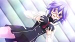  1girl between_breasts breast_grab breast_hold breast_squeeze breasts chaos;child glasses grabbing headphones headphones_around_neck highres kazuki_hana large_breasts necktie necktie_between_breasts official_art open_mouth purple_hair saliva sasaki_mutsumi school_uniform violet_eyes 