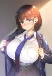  1girl ai-chan_(tawawa) bangs black_jacket black_skirt blazer blue_neckwear blush braid breast_pocket breasts brown_hair closed_mouth collared_shirt cowboy_shot eyebrows_visible_through_hair frown getsuyoubi_no_tawawa gradient_eyes green_eyes highres jacket large_breasts long_sleeves looking_at_viewer multicolored multicolored_eyes nanase_meruchi necktie open_clothes open_jacket pleated_skirt pocket shirt short_hair skirt solo undressing violet_eyes 