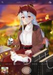  1girl absurdres alternate_costume alternate_hairstyle animal_on_lap bag belt bench black_belt blush braid brown_coat camera_phone casual cat cat_on_lap coat contemporary cup fate/grand_order fate_(series) fox_(user_svjz5723) hair_between_eyes highres holding holding_cup horns horns_through_headwear leaf long_hair long_skirt looking_at_viewer oni_horns open_clothes open_coat outdoors red_eyes red_headwear red_skirt silver_hair single_braid sitting sitting_on_bench skirt smile solo sunset sweater tomoe_gozen_(fate) viewfinder white_sweater 