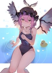  1girl animal_ears bare_arms bare_legs bare_shoulders bird_wings blue_swimsuit breasts brown_headwear collarbone frown hat highres looking_at_viewer medium_breasts medium_hair mystia_lorelei pink_hair rin_falcon ripples rubber_duck school_swimsuit solo swimsuit touhou wide_hips wings yellow_eyes 