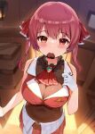  1girl bangs breasts brown_eyes candy chocolate chocolate_heart covered_navel eyebrows_visible_through_hair food gloves hana_mori heart heterochromia highres hololive houshou_marine indoors large_breasts looking_at_viewer mouth_hold red_eyes redhead short_hair solo twintails valentine virtual_youtuber white_gloves 