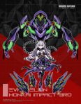  1girl absurdres bangs bare_shoulders black_eyes bronya_zaychik bronya_zaychik_(herrscher_of_reason) collarbone copyright_name crossover detached_collar dress drill_hair eva_01 funnels grey_hair highres honkai_(series) honkai_impact_3rd long_hair mecha neon_genesis_evangelion open_hands purple_dress science_fiction smile thigh-highs vistahero 