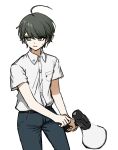  1boy ahoge bangs belt black_belt breast_pocket brown_hair collared_shirt contrapposto cowboy_shot dangan_ronpa_(series) dangan_ronpa_another_episode:_ultra_despair_girls dress_shirt genderswap genderswap_(ftm) green_eyes highres holding holding_megaphone male_focus megaphone naegi_komaru no_(xpxz7347) open_mouth pants pocket shirt shirt_tucked_in short_hair simple_background solo sweat white_background 