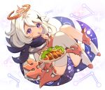  1girl bangs blush boots commentary_request dress eyebrows_behind_hair food fork full_body genshin_impact halo highres holding holding_fork holding_plate knees_up marekamico paimon_(genshin_impact) plate single_thighhigh solo sparkle thigh-highs thighhighs_under_boots tomato tomato_slice violet_eyes white_dress white_footwear white_hair white_legwear 