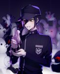  1boy :d bangs baseball_cap black_hair black_headwear black_jacket black_skirt blush brown_eyes commentary_request dangan_ronpa:_trigger_happy_havoc dangan_ronpa_(series) dangan_ronpa_v3:_killing_harmony drggarashi ear_bow hat holding_another jacket kirigiri_kyouko kneehighs long_hair long_sleeves male_focus minigirl monokuma monomi_(dangan_ronpa) open_mouth pale_skin purple_hair saihara_shuuichi short_hair skirt smile standing striped stuffed_animal stuffed_toy vertical_stripes wings 