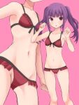  1girl :o alice_gear_aegis ass_visible_through_thighs bangs bare_arms bare_shoulders bikini blush breasts collarbone eyebrows_visible_through_hair frilled_bikini frills groin hands_up highres ichijou_ayaka konpotsu long_hair looking_at_viewer multiple_views navel parted_lips pink_background purple_hair red_bikini sidelocks small_breasts swimsuit twintails violet_eyes 