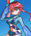  1girl bangs blue_eyes blue_gloves blue_shorts breasts closed_mouth commentary_request crop_top eyebrows_visible_through_hair eyelashes floating_hair gloves gym_leader hair_between_eyes hair_ornament highres hyou_(hyouga617) navel pink_hair pokemon pokemon_(game) pokemon_bw salute shiny shiny_hair short_shorts shorts sidelocks skyla_(pokemon) smile solo 