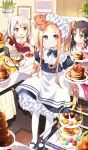  3girls :d abigail_williams_(fate) alternate_hairstyle animal_ears apron aqua_eyes basket black_hair blonde_hair blue_bow blue_dress blue_legwear blueberry bottle bow cat_ears chocolate chocolate_syrup commentary cook&#039;s_heart_(fate) craft_essence dress fate/grand_order fate_(series) food forehead fruit hair_bow holding holding_bottle holding_food holding_fruit holding_plate holding_spatula illyasviel_von_einzbern long_hair macaron mary_janes multiple_girls namori open_mouth pancake pastry_bag plate puffy_short_sleeves puffy_sleeves raspberry red_eyes sesshouin_kiara_(lily) shirt shoes short_sleeves silver_hair smile spatula squeeze_bottle strawberry striped stuffed_animal stuffed_toy teddy_bear tiered_tray towel twintails vertical-striped_dress vertical_stripes very_long_hair waist_apron white_bow white_legwear white_shirt yellow_eyes 