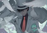  1boy animal animal_on_shoulder arm_up bird bird_on_shoulder black_shirt blue_eyes brown_hair cape closed_mouth collared_shirt commentary_request dove dress_shirt falling_feathers flying formal full_moon gloves hand_on_headwear hat holding kaitou_kid kanamura_ren long_sleeves looking_at_viewer magic_kaito male_focus monocle monocle_chain moon necktie red_neckwear shirt shoirt_hair solo suit top_hat upper_body white_cape white_feathers white_gloves white_headwear white_suit 