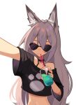  1girl absurdres animal_ear_fluff animal_ears bikini bikini_under_clothes black_shirt cropped_shirt drinking_straw drinking_straw_in_mouth fang fang_out ghost_(tama) grey_hair halter_top halterneck highres long_hair original paw_print self_shot shirt skin_fang smile solo sunglasses swimsuit white_background wolf_ears wolf_girl 