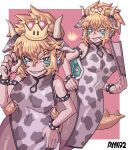  1girl animal_print ayyk92 blonde_hair bowsette chinese_clothes chinese_zodiac cow_print crown horns super_mario_bros. new_super_mario_bros._u_deluxe solo super_crown tail year_of_the_ox 