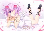  1girl angel_wings arm_support armlet binato_lulu blush commentary_request dress eyebrows_visible_through_hair hair_between_eyes hair_ornament head_rest heart heart_hair_ornament legs_up looking_at_viewer lying neptune_(neptune_series) neptune_(series) on_stomach one_eye_closed petals purple_hair short_hair signature sleeveless sleeveless_dress smile solo violet_eyes white_dress wings 