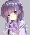  1girl bangs blunt_bangs blush bow bowtie closed_mouth collared_shirt crossed_arms eyebrows_visible_through_hair furude_rika grey_background higurashi_no_naku_koro_ni hime_cut long_hair looking_at_viewer momijiko pink_neckwear purple_hair shiny shiny_hair shirt short_sleeves sidelocks solo suspenders twitter_username upper_body violet_eyes white_shirt 