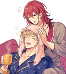  2boys blonde_hair coffee granblue_fantasy kingyo_114 multiple_boys pajamas percival_(granblue_fantasy) pillow red_eyes redhead smile towel towel_on_head vane_(granblue_fantasy) white_background 