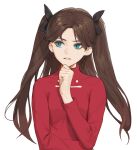  1girl black_ribbon brown_hair fate/stay_night fate_(series) green_eyes hand_on_own_chin heleif highres long_hair looking_to_the_side parted_lips ribbon solo thinking tohsaka_rin turtleneck twintails white_background 