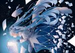  1girl beamed_eighth_notes black_gloves blue_bow blue_skirt book bow closed_eyes dress eighth_note gloves hair_bow hair_ornament hat hat_removed hatsune_miku headwear_removed light_blue_hair long_hair long_sleeves minausa musical_note musical_note_hair_ornament paper profile skirt snowflakes solo treble_clef twintails very_long_hair vocaloid yuki_miku yuki_miku_(2021) 